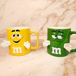 M&M Mugs with Hands, Set of 2, Green and Yellow